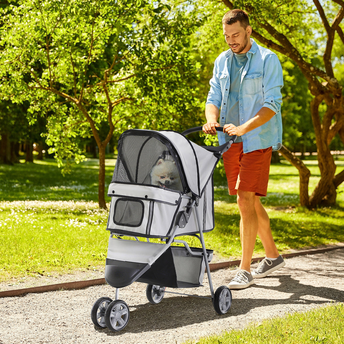 Poussette Buggy Pliable Animaux, Chariot Pliant Chien Chat, Porte-Gobelet Panier De Rangement Inclus, Roues Avec Frein, Tissu 600D Oxford Acier, 75 x 45 x 97 cm Gris