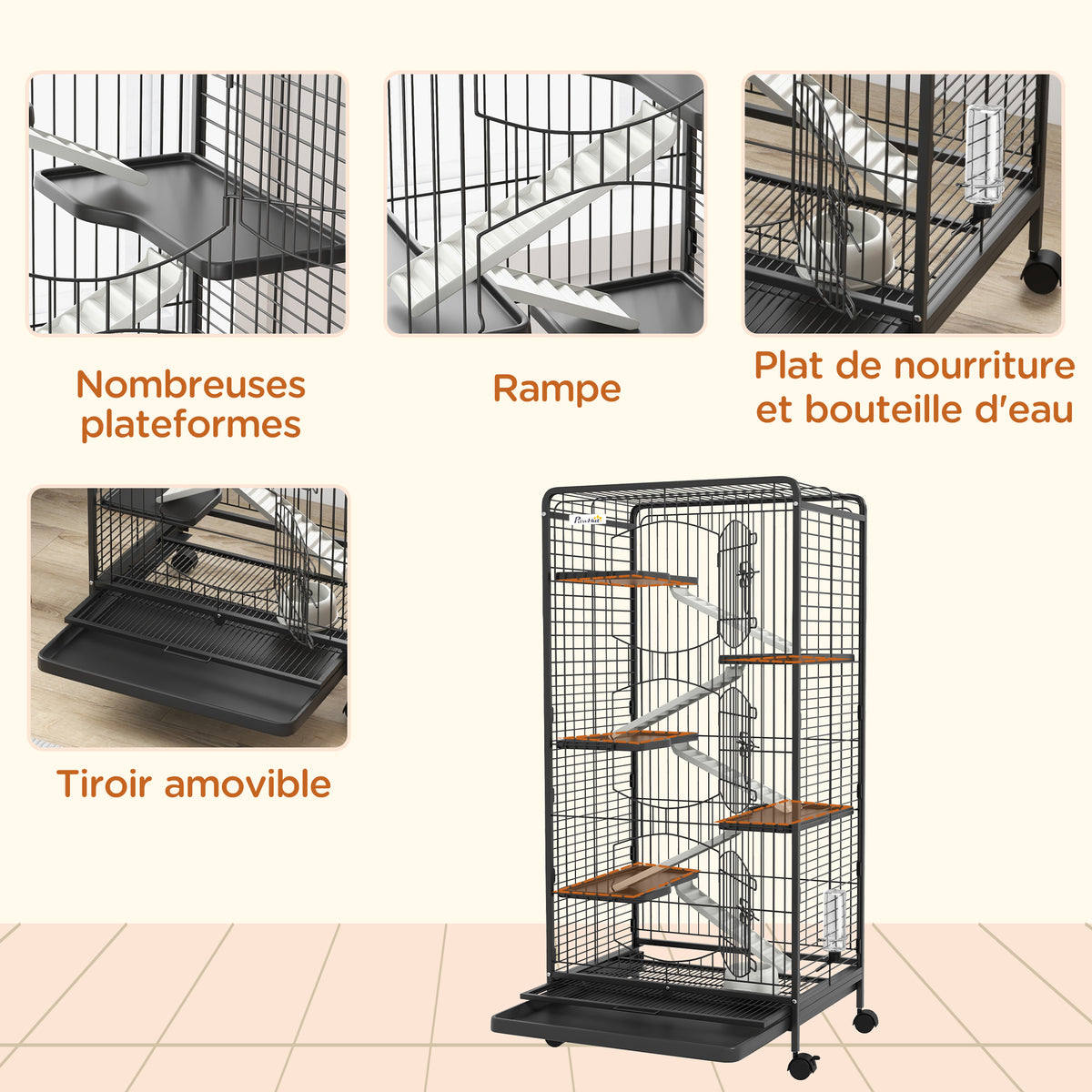 Cage pour Petits Animaux Roulante 5 Rampes 5 Plates-formes Plat et Bouteille d'Eau 250 ml Bac Inférieur Amovible