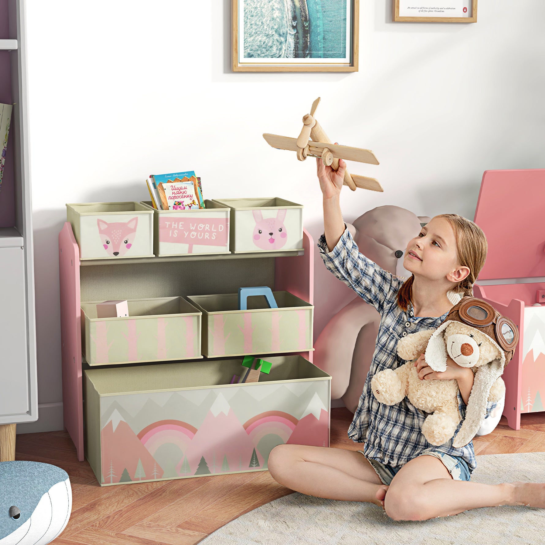 Meuble de rangement enfant avec 6 boîtes amovibles en tissu non tissé Organisateur de jouets, étagère 63L x 30l x 66H cm