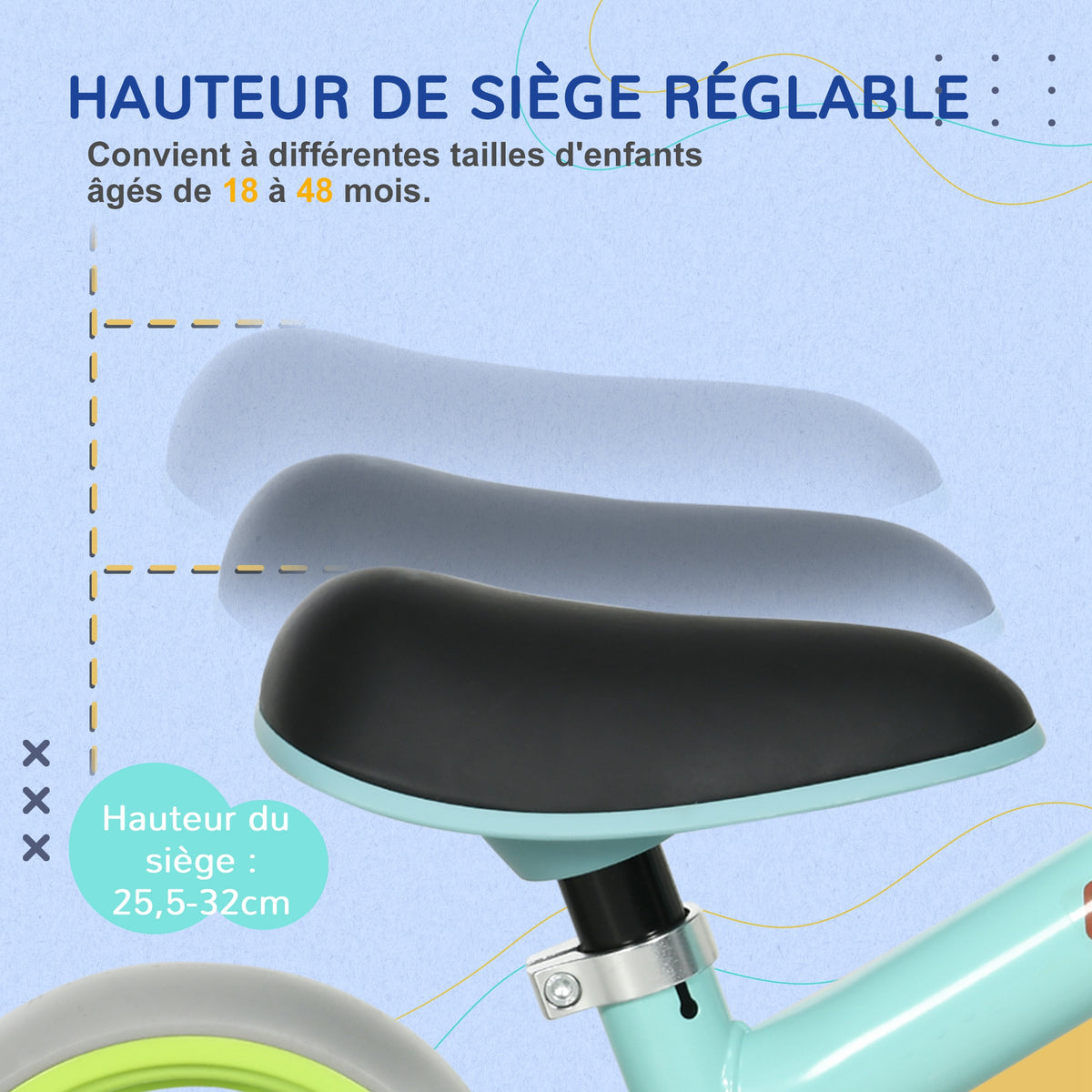 Vélo d'équilibre pour bébé siège réglable roues EVA jouet enfant pour bébé 18-48 mois pour garçons et filles vert