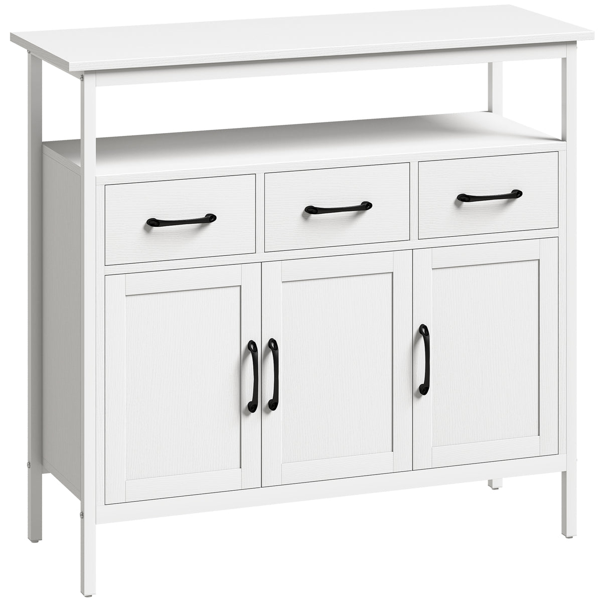Buffet cuisine, meuble de rangement, 3 portes, 3 tiroirs, compartiment ouvert et étagères réglables, 95x35x88cm, blanc