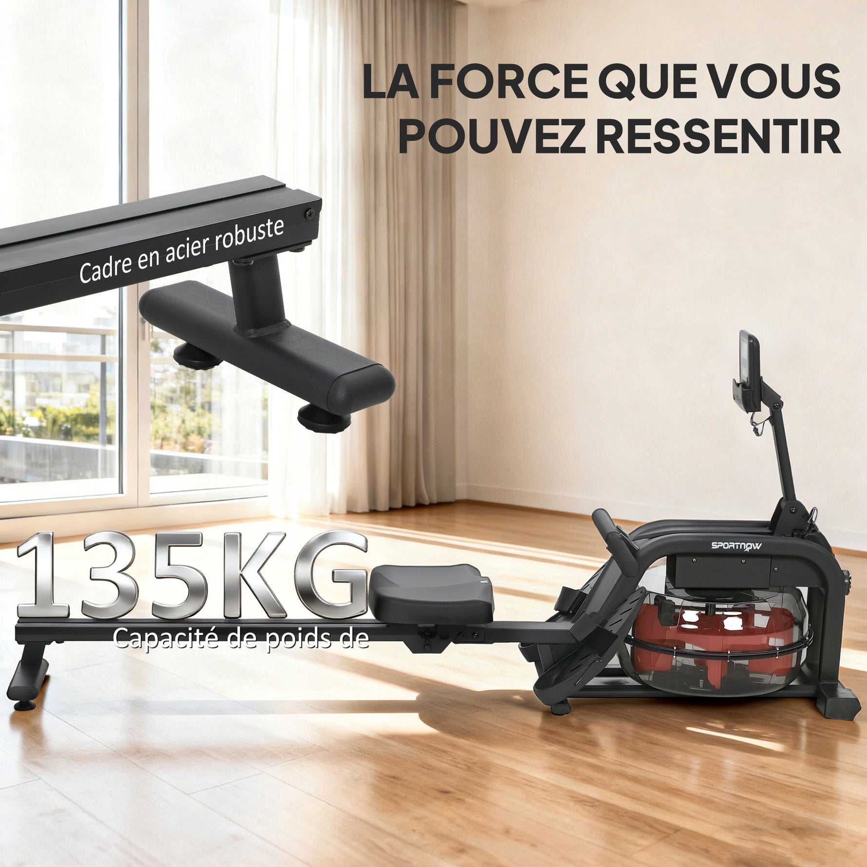 Rameur à eau, rameur musculation d'appartement réservoir ajustable 6-11L écran LCD support de tablette 170x46x77cm noir
