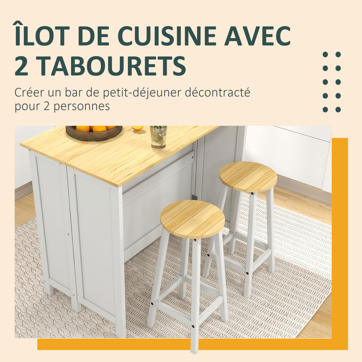 Desserte îlot de cuisine avec 2 tabourets plan de travail rabattable 2 placards avec 4 portes design moderne blanc