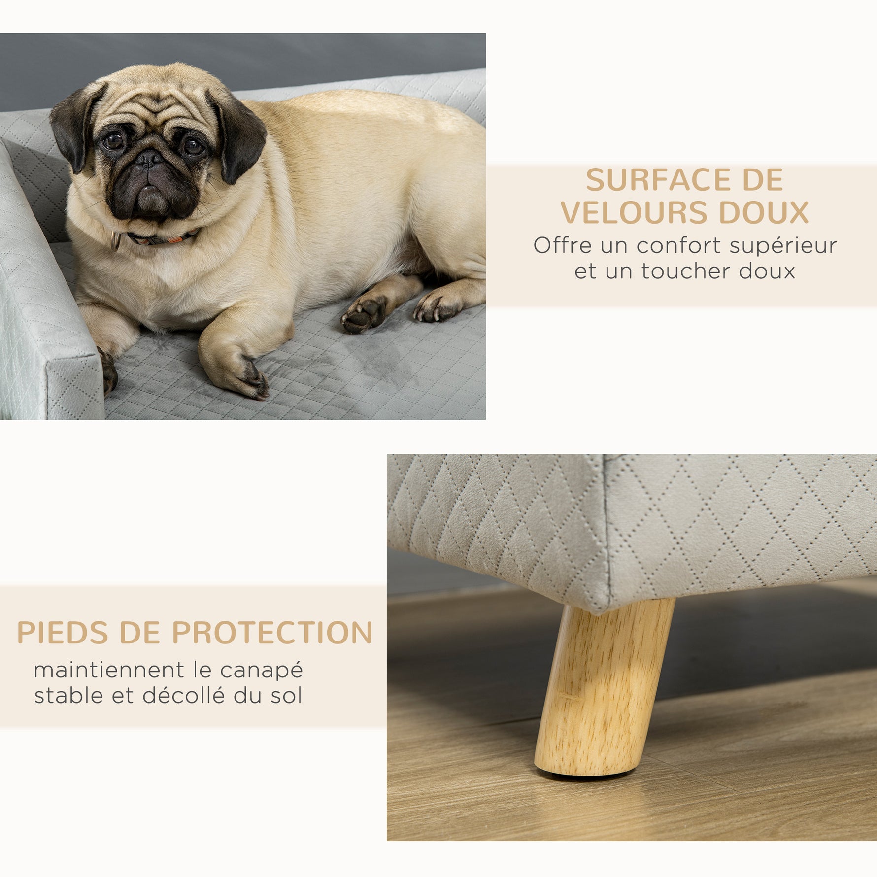 Canapé chien lit pour chien design scandinave coussin moelleux pieds bois massif dim. 64 x 45 x 36 cm velours gris
