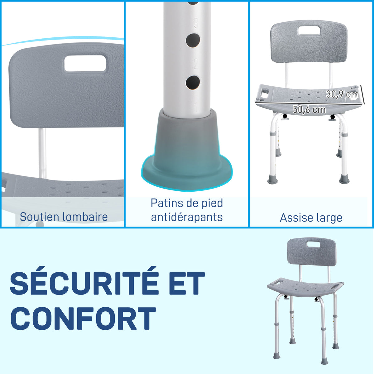 Chaise de Douche siège de Douche Ergonomique Hauteur réglable Pieds antidérapants Charge Max. 136 Kg alu HDPE