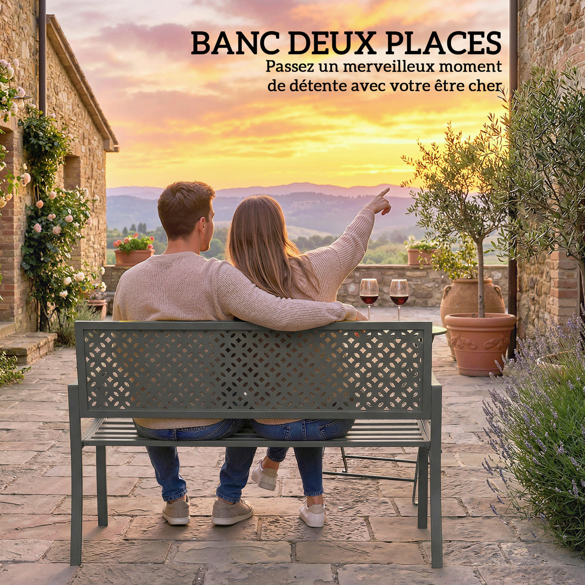 Banc d'extérieur en métal, 2 places, avec dossier géométrique antirouille et accoudoirs, gris foncé