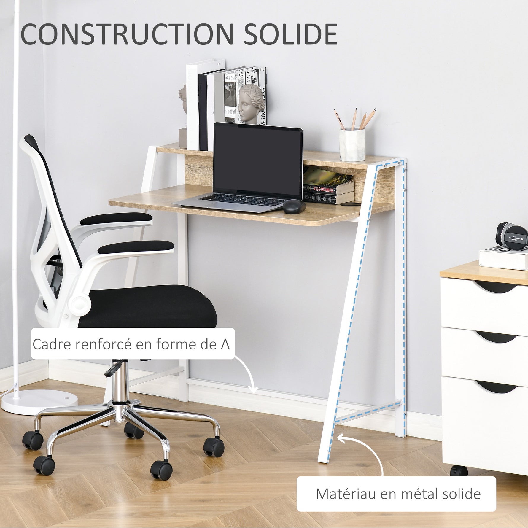 Bureau Informatique Table Ordinateur d'étude dim. 84L x 45l x 85H cm Style Simple en Bois chêne Clair Blanc