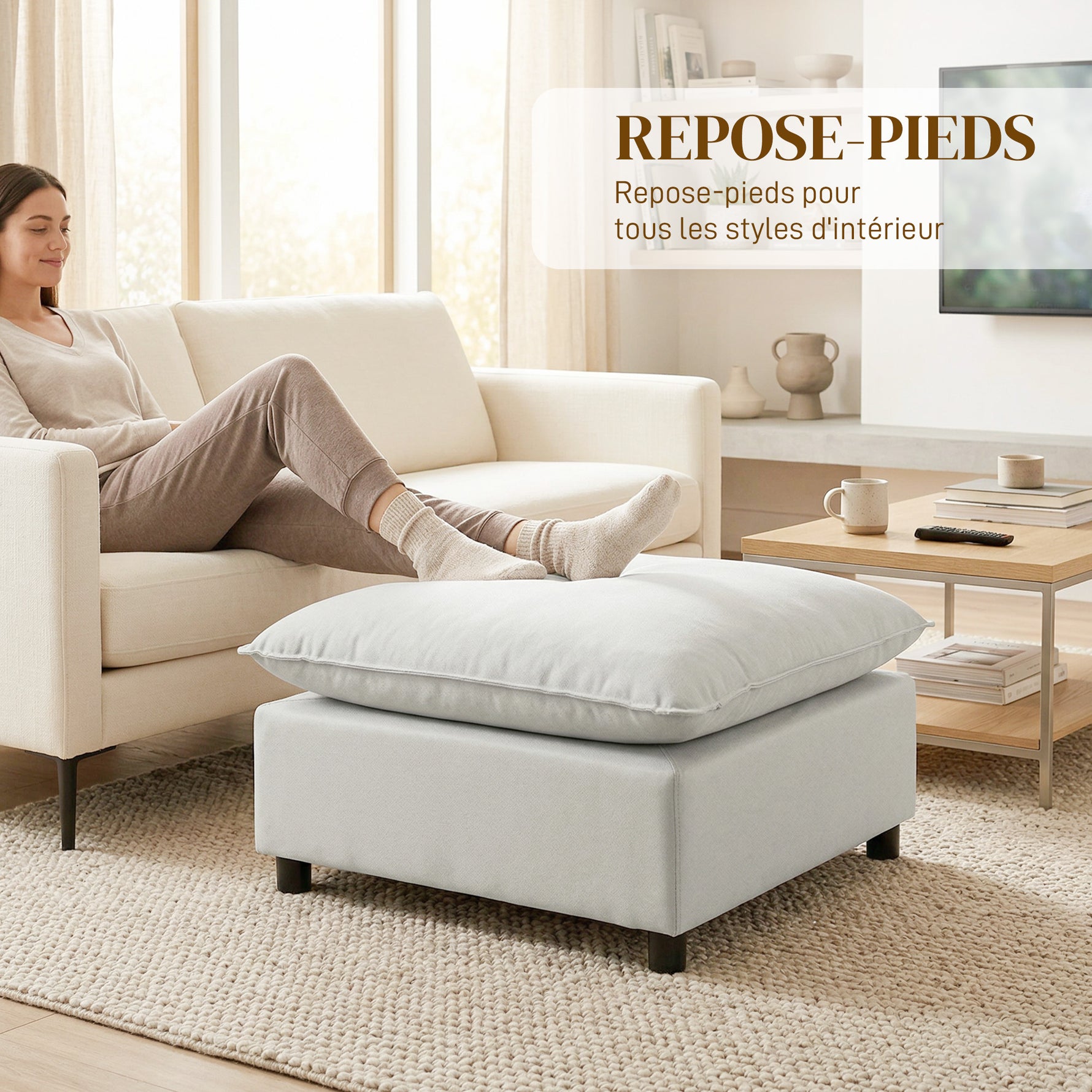 Repose pied salon carré, ottoman avec pieds en plastique, pouf salon pour chambre à coucher, entrée, 75x75x40 cm, gris