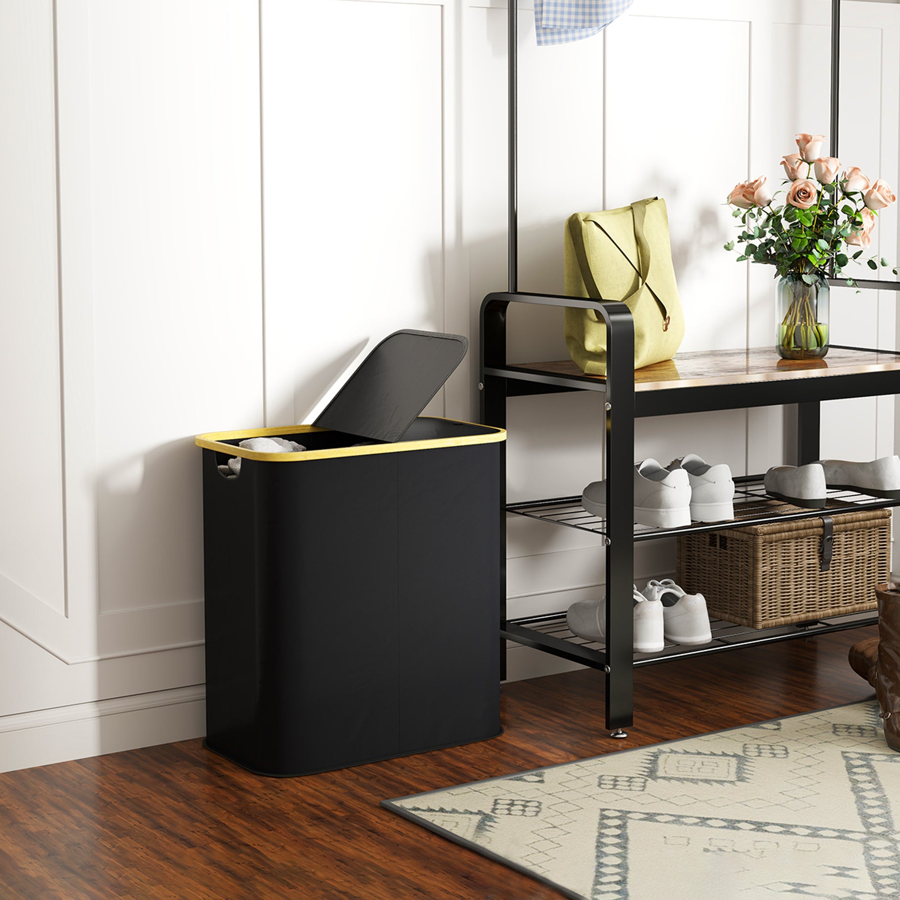 Panier à linge double pliable 80 L corbeille à linge sale avec couvercle, poignées rainurées, noir