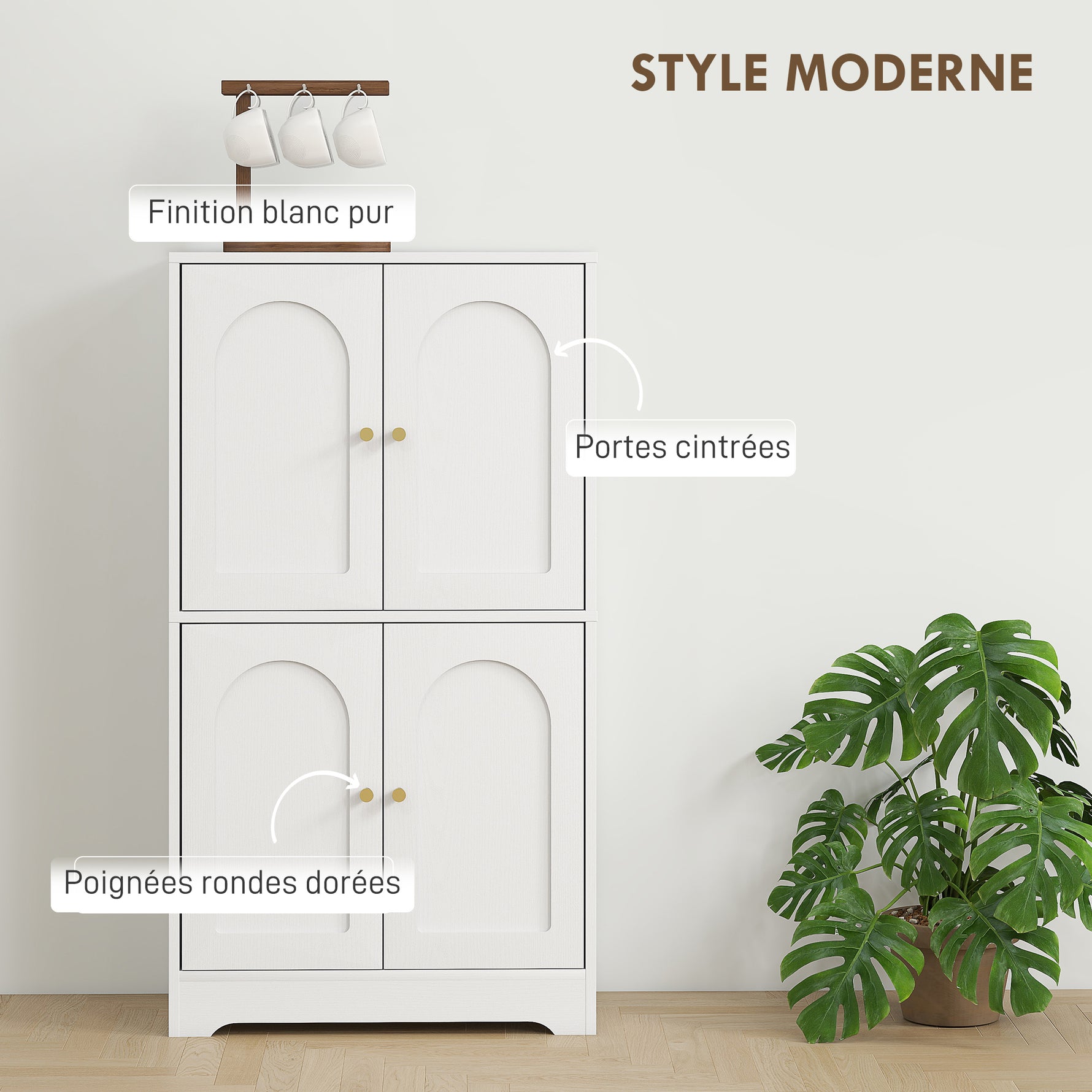 Buffet cuisine, meuble cuisine rangement avec 4 portes cintrées et 2 étagères réglables, 60 x 30 x 110 cm, blanc