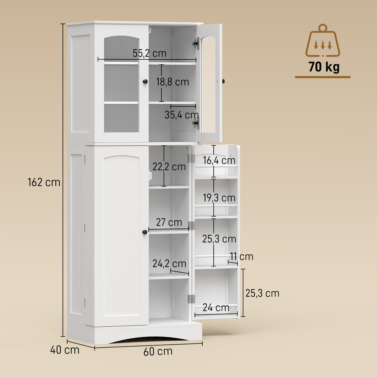 Kitchen tall sideboard, acrylic display cabinet, 4 doors, 10 compartments, 8 shelf racks, 60 x 40 x 162 cm, white