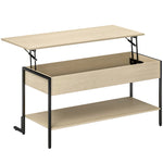 Table basse avec plateau relevable, table de salon avec compartiment caché et étagère ouverte, 95x40x59cm, bois naturel