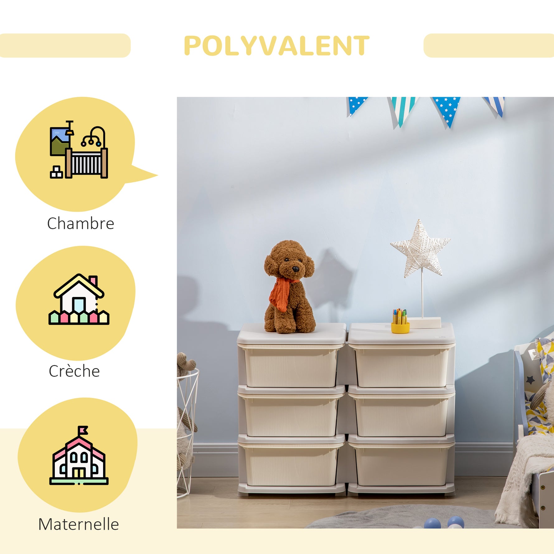 Organisateur de jouets pour enfants à 3 niveaux avec 6 tiroirs, boîtes de rangement en plastique, 75x37x56,5cm, crème