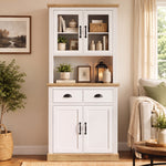 Buffet Haut Cuisine, Armoire Cuisine, 4 Portes dont 2 en Verre, 2 Tiroirs, Plan de Travail, Étagères Réglables, Blanc