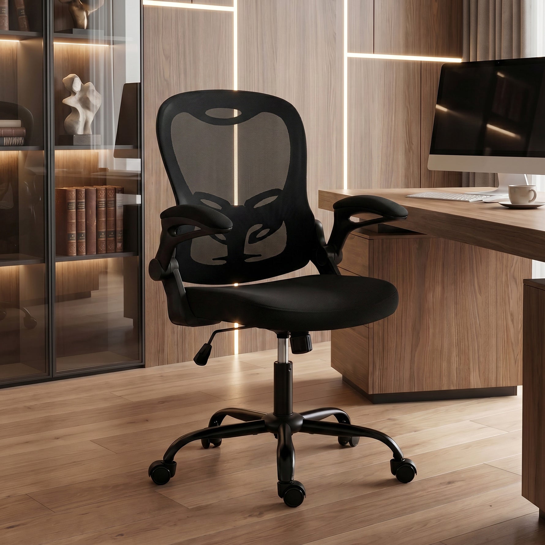 Chaise Bureau Ergonomique, Fauteuil de Bureau Maille, Accoudoirs Relevables, Hauteur Réglable, Fonction Bascule, Noir