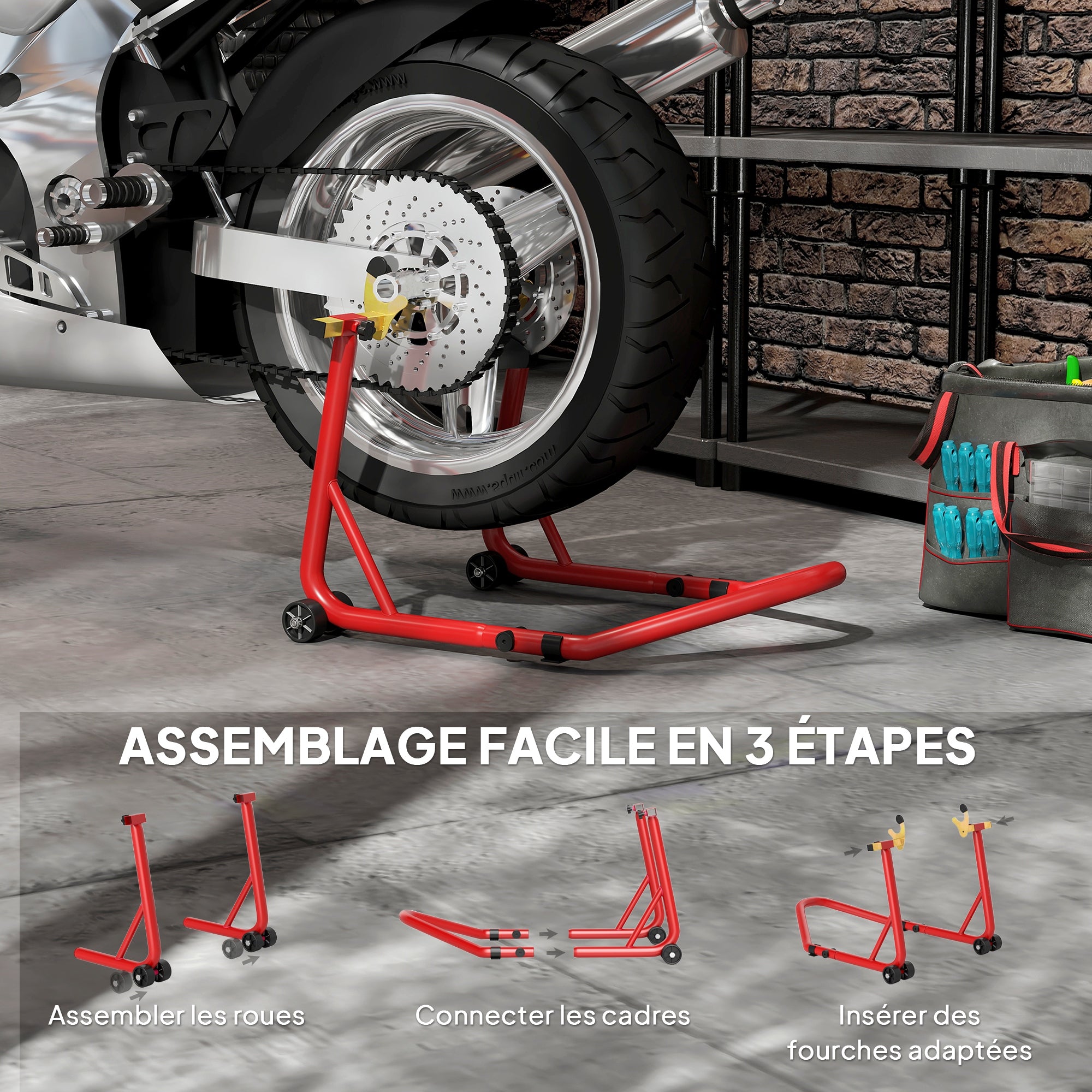 Motorwielklem voor achterband, capaciteit 544 kg, met verstelbare U- en L-vormige stalen vorken, 69x58,5x34,5 cm, rood