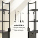 Chariot range bûches intérieur, porte-bûches roulettes, 4 outils de cheminée, 4 étagères, métal, 45 x 30 x 118 cm, noir