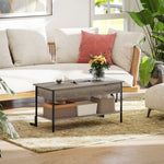 Table basse avec plateau relevable, table de salon avec compartiment caché et étagère ouverte, 95x40x59cm, gris