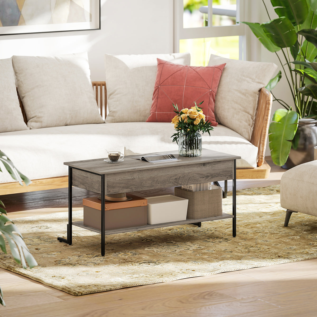 Table basse avec plateau relevable, table de salon avec compartiment caché et étagère ouverte, 95x40x59cm, gris