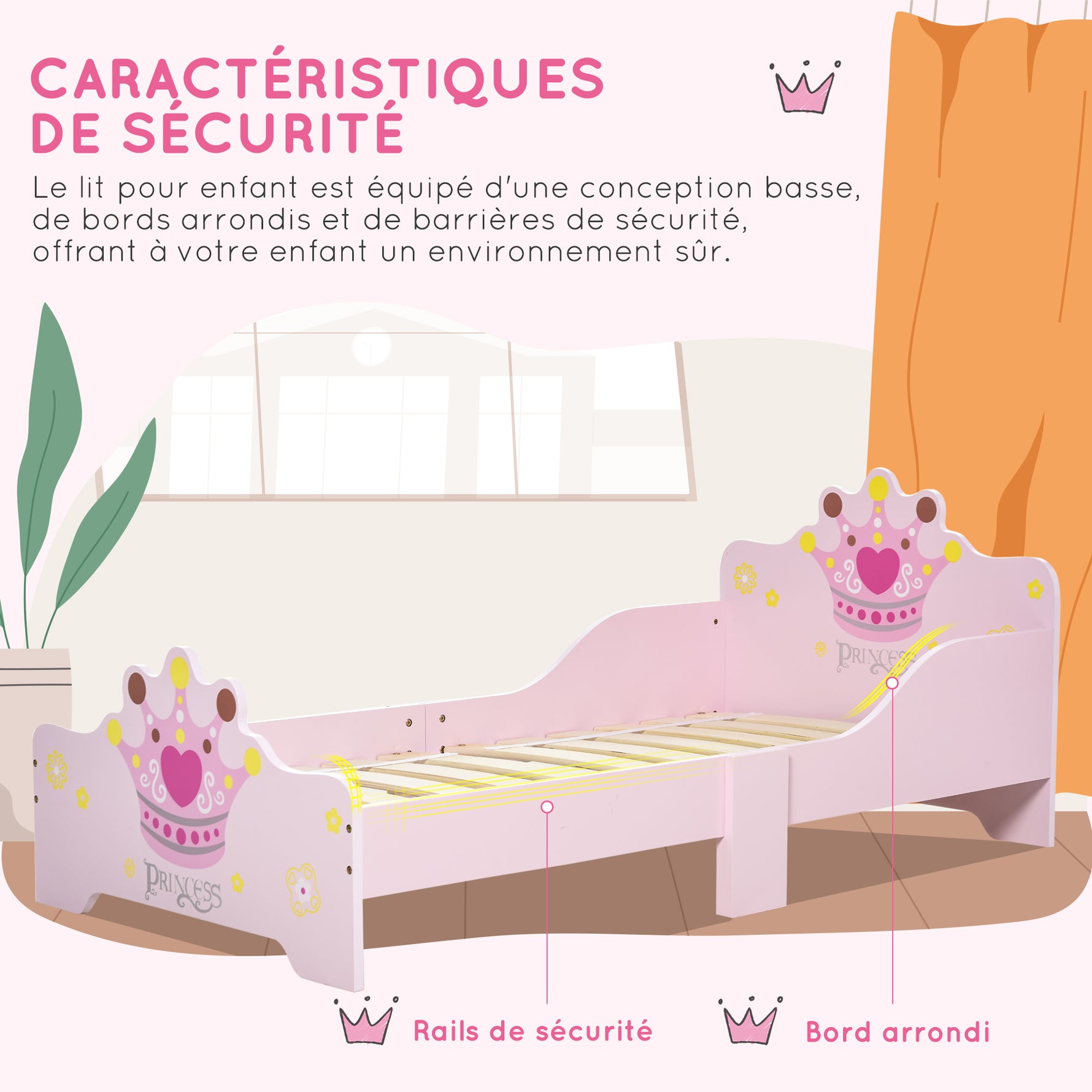 Lit Enfant et Ensemble table et chaises enfant - Design Princesse Motif Couronne - sommier à Lattes Inclus - Rose