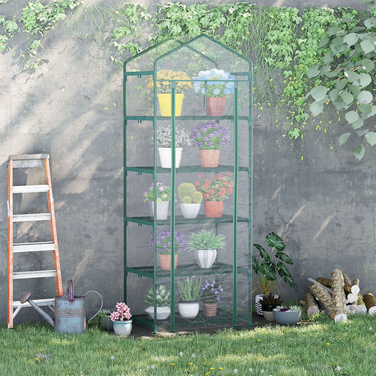 Serre de jardin PVC avec étagères 5 niveaux, serre de balcon, bâche renforcée 135 g/m², châssis en acier, porte zippée enroulable, pour légumes plantes fleurs, 69 x 49 x 193 cm, transparent