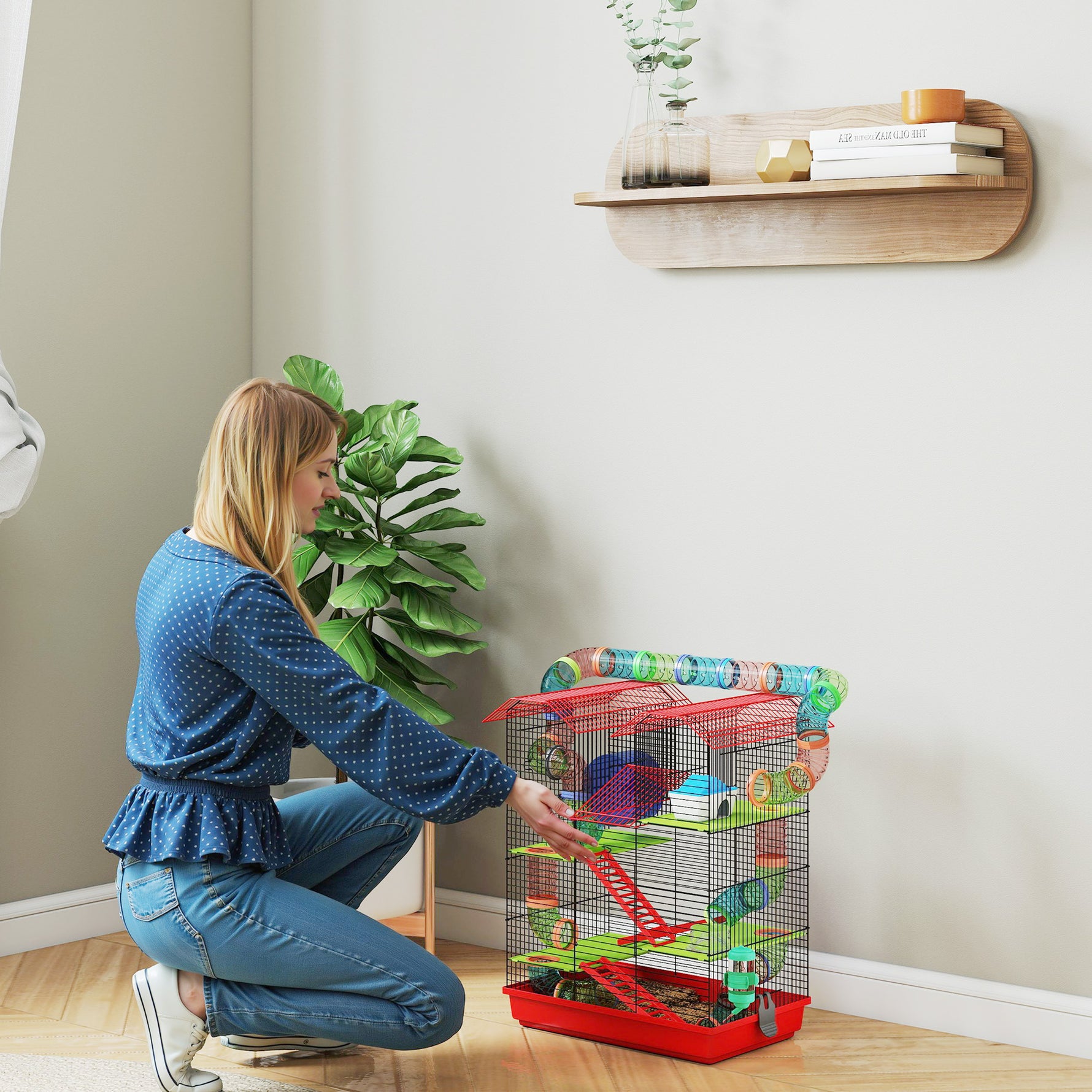 Cage pour hamster souris petit animaux rongeur avec tunnel mangeoire roue jouet 47 x 30 x 59 cm rouge