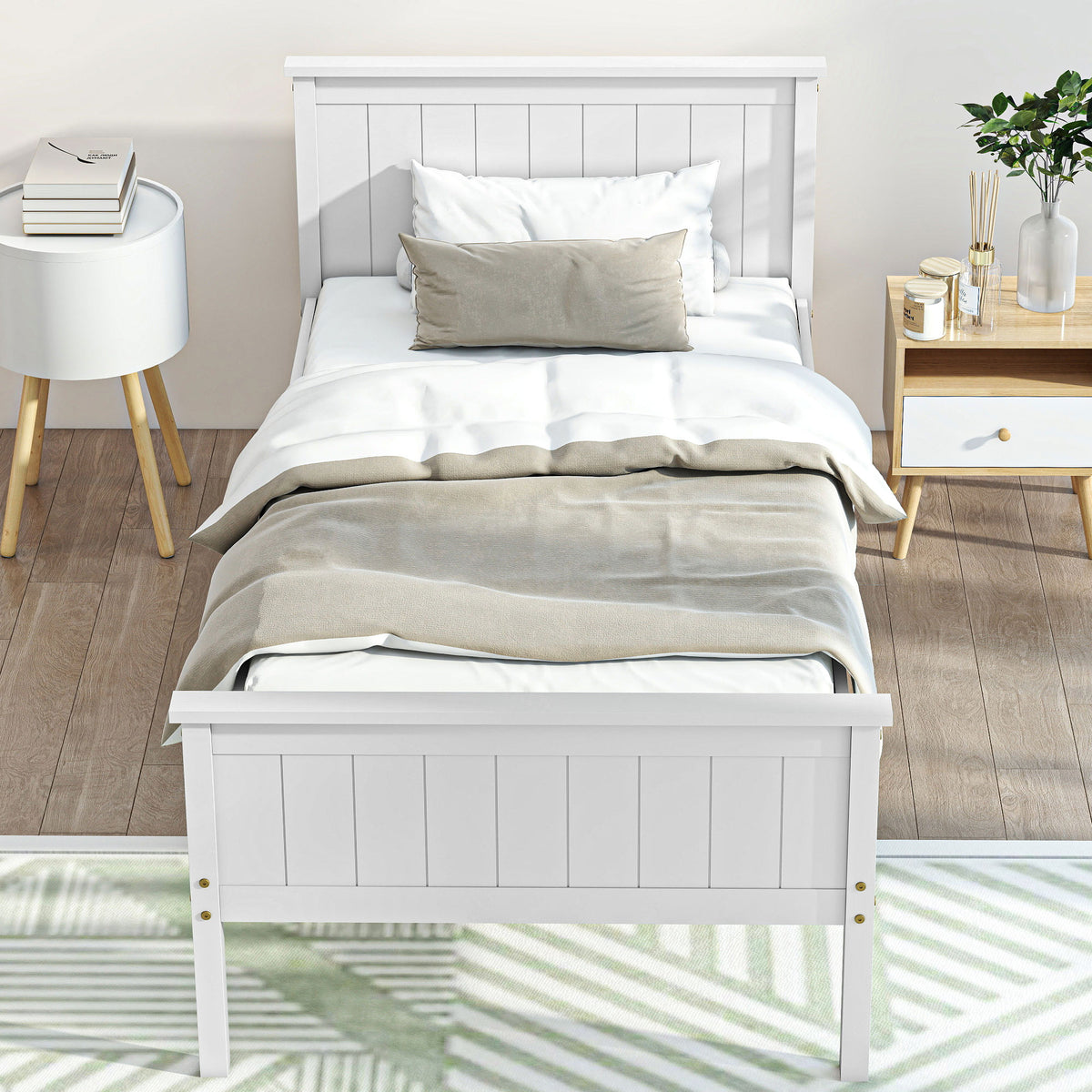 Cadre de lit 90 x 200 cm, lit simple en bois massif avec sommier à lattes tête et pied inclus, assemblage facile, blanc