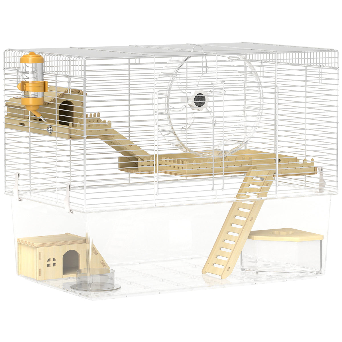Cage à hamster à 3 niveaux, cage rongeur avec roue d'exercice, plateau profond transparent, 59 x 35,5 x 47 cm, blanc