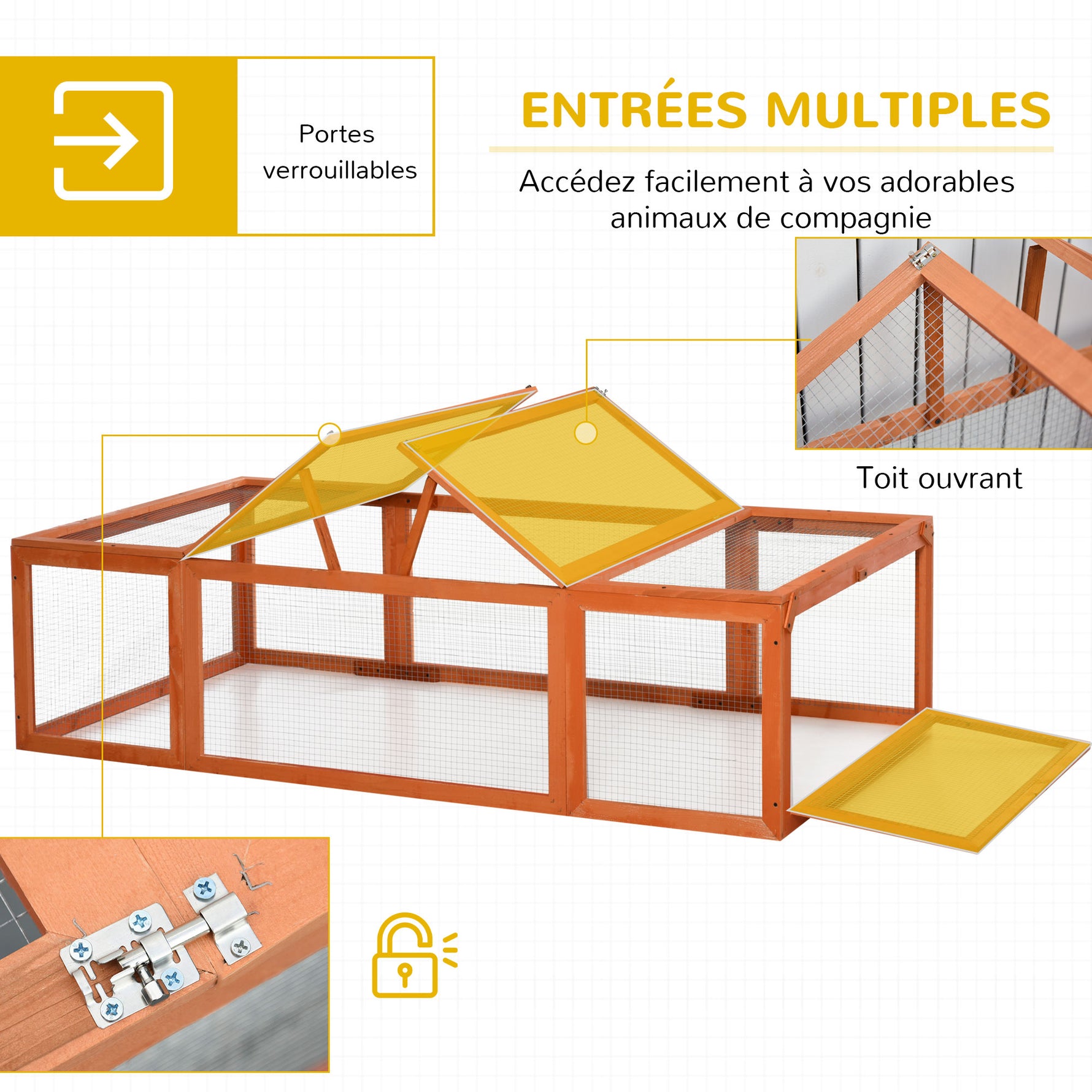 Clapier lapin extérieur cage cochon d'Inde toit ouvrable et portes verrouillables 180 x 90 x 48 cm jaune