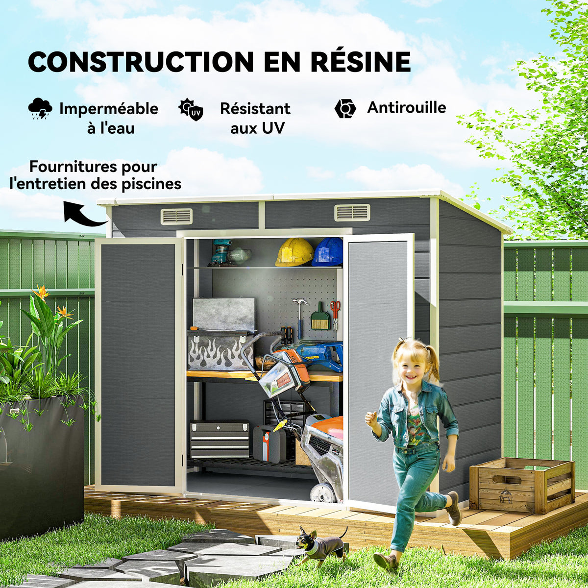 Tuinhuisje voor buiten 2,4 x 1,3 m, van kunststof met vloer, raam, afsluitbare deuren en ventilatie, grijs
