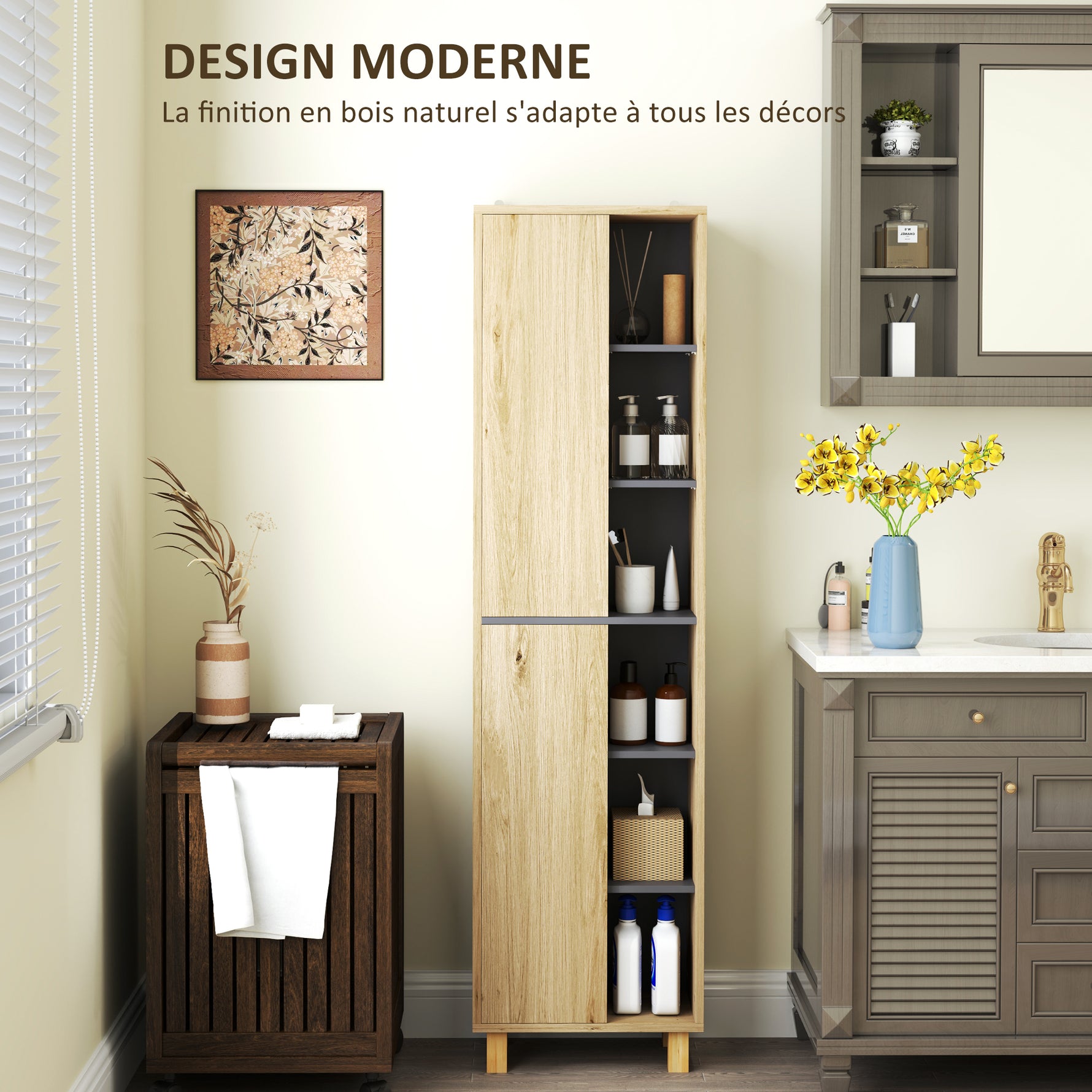 Meuble colonne salle de bain, armoire de salle de bain avec 6 compartiments ouverts et 2 placards, bois naturel