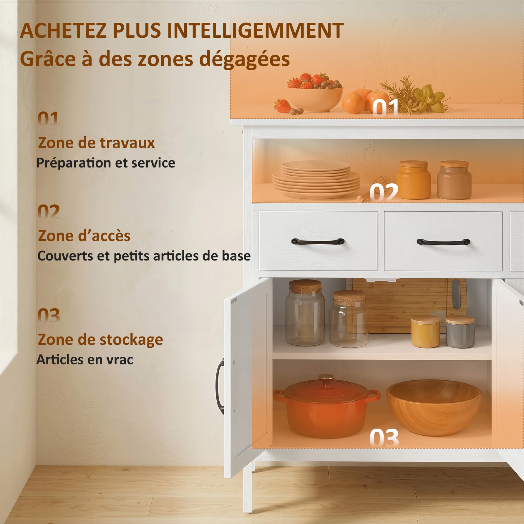 Buffet cuisine, meuble de rangement, 3 portes, 3 tiroirs, compartiment ouvert et étagères réglables, 95x35x88cm, blanc
