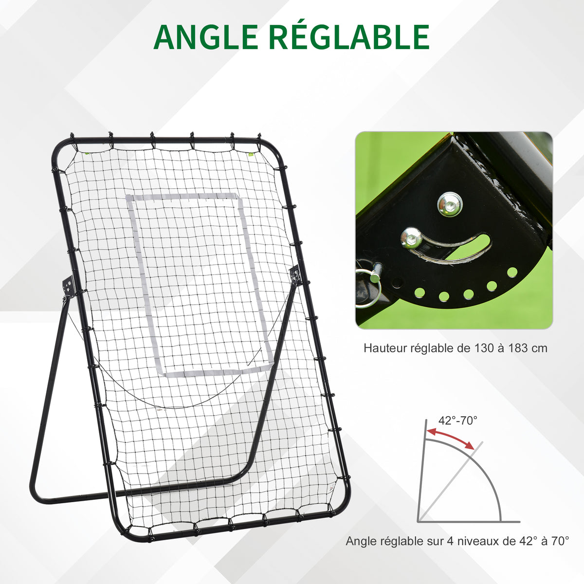Filet de rebond de football ajustable hauteur angle réglables rebondeur pour football pliable cible sardines de fixation fournies 123 x 73 x 178,5 cm noir blanc