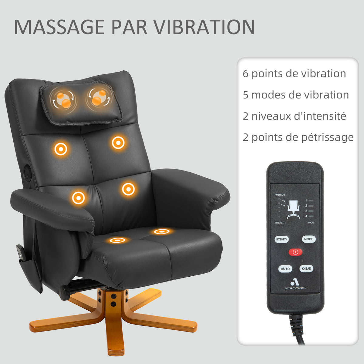 Fauteuil massant avec repose-pied, dossier inclinable jusqu'à 135°, coffre de rangement, télécommande