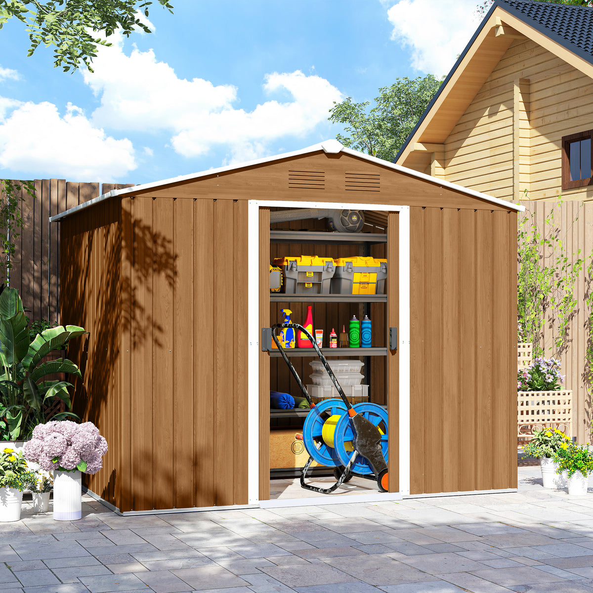 Stalen tuinhuis 3,6 m² schuin dak 4 ventilatieopeningen afsluitbare schuifdeuren 236x171x191 cm, donkerbruin