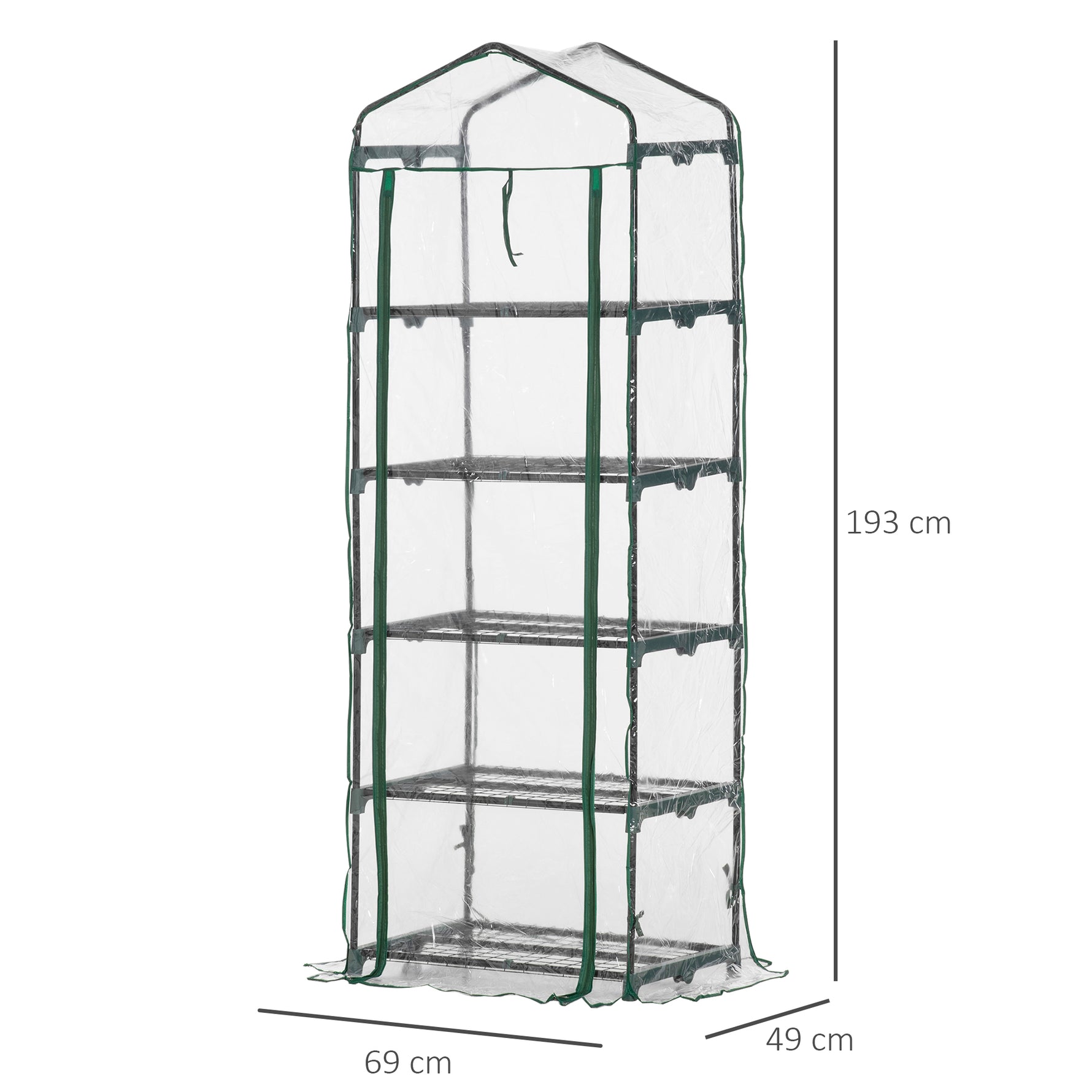 Serre de jardin PVC avec étagères 5 niveaux, serre de balcon, bâche renforcée 135 g/m², châssis en acier, porte zippée enroulable, pour légumes plantes fleurs, 69 x 49 x 193 cm, transparent