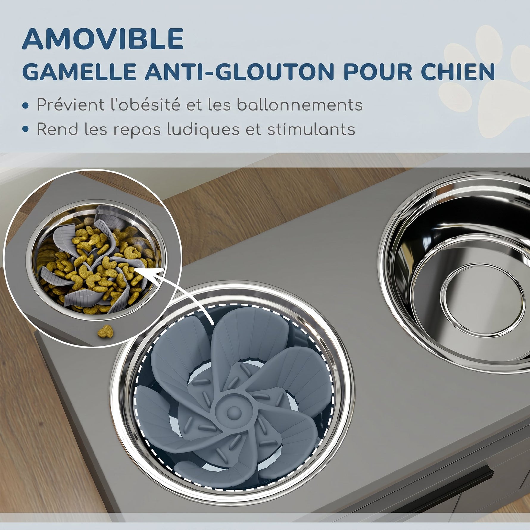 Gamelle Chien Surélevée avec Bols Anti-Glouton & Eau en Acier Inoxydable, Tiroir de Rangement, 60x30x35cm, Gris