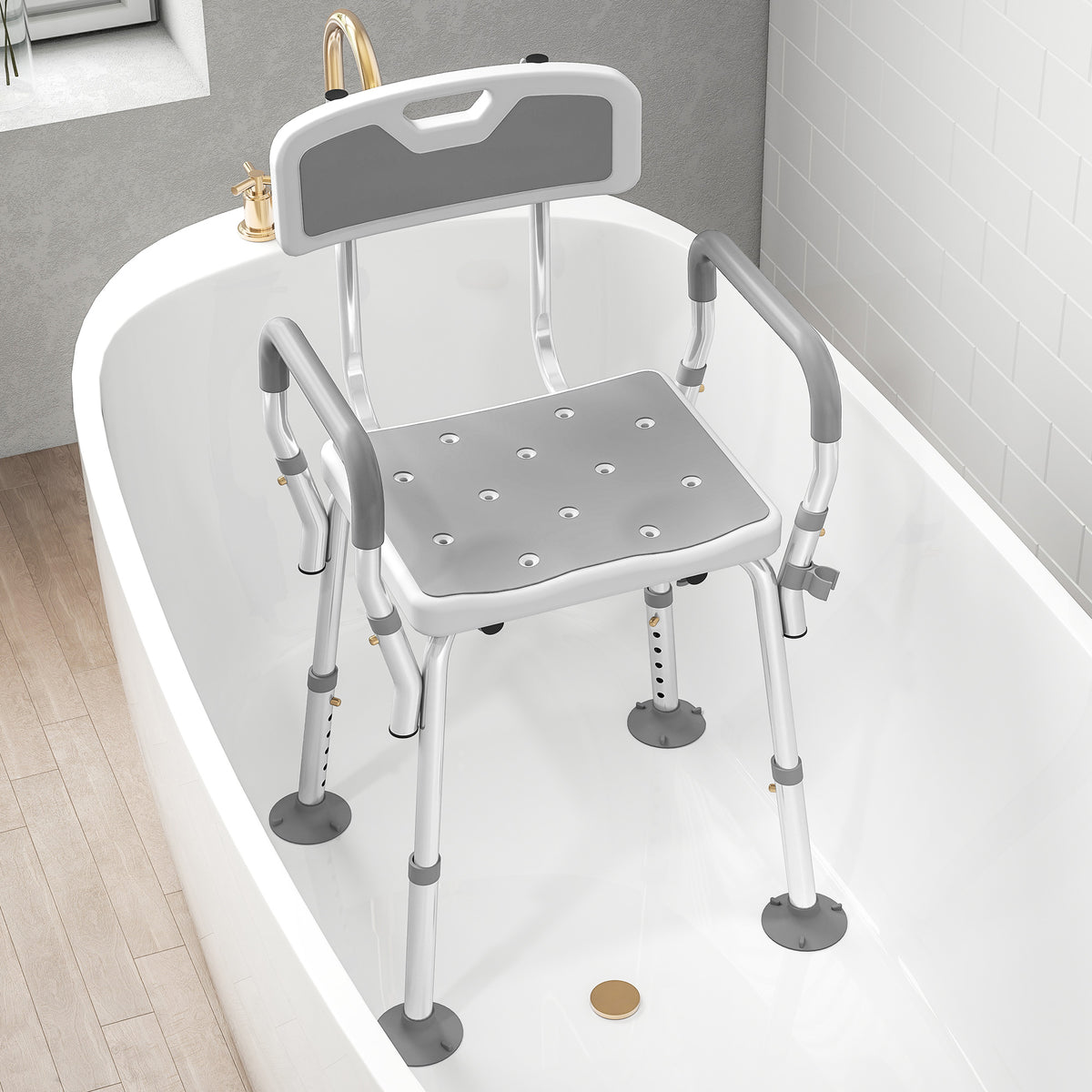 Taburete de ducha, silla de ducha ergonómica, altura regulable, patas antideslizantes, 56,5 x 53,5 x 87 cm, blanco y gris