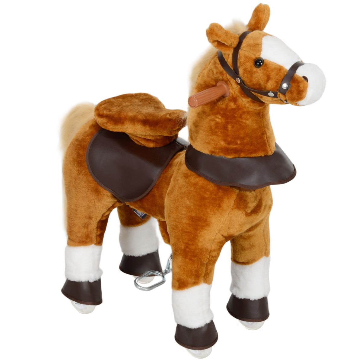 Cavallo giocattolo per bambini a rotelle con sella rialzata per bambini 3-5 anni, portata 60 kg, 70 x 28 x 70 cm, marrone