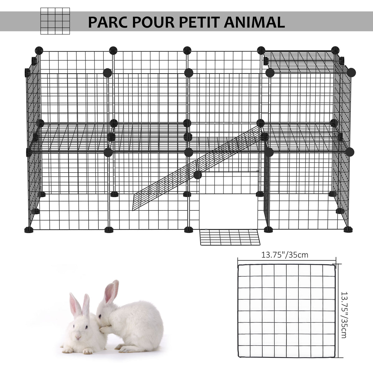 Cage parc clôture pour animaux domestiques enclos pour petits animaux 146 x 73 x 73 cm modulable 2 niveaux 36 panneaux bords arrondis fil en acier noir