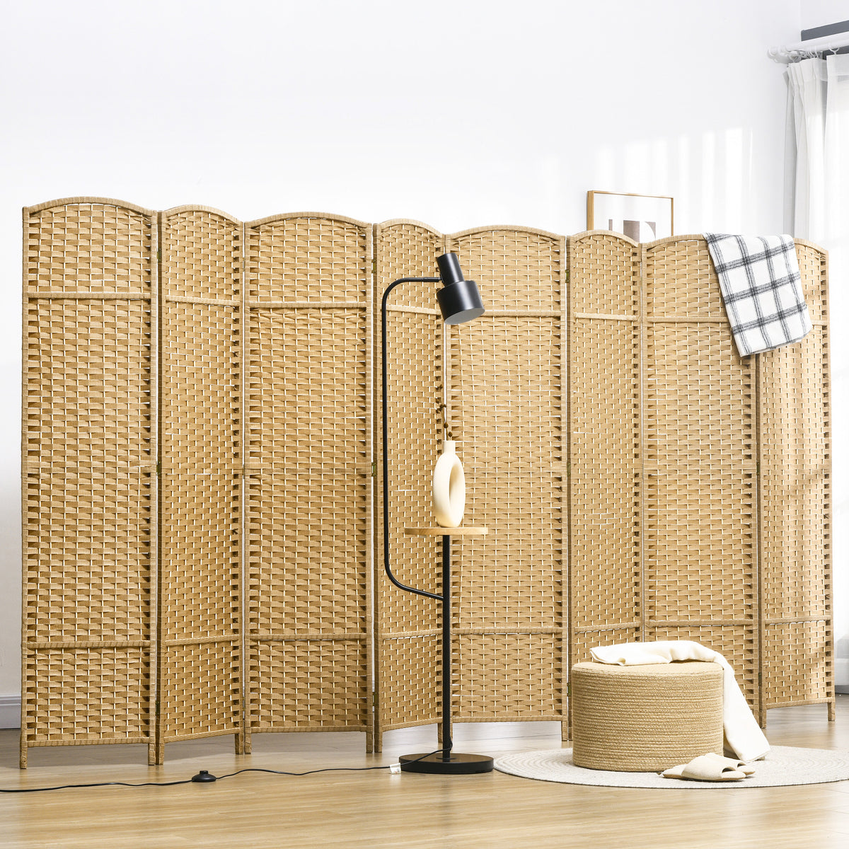 Paravent interieur en bois 8 panneaux 320 x 170 cm séparateur de pièce pliable pour salon, chambre à coucher, naturel