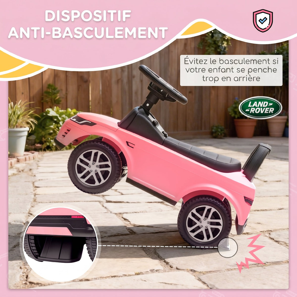 Porteur enfants voiture sous licence Land Rover, véhicule à pousser, klaxon, sons de moteur, rangement sous siège, rose