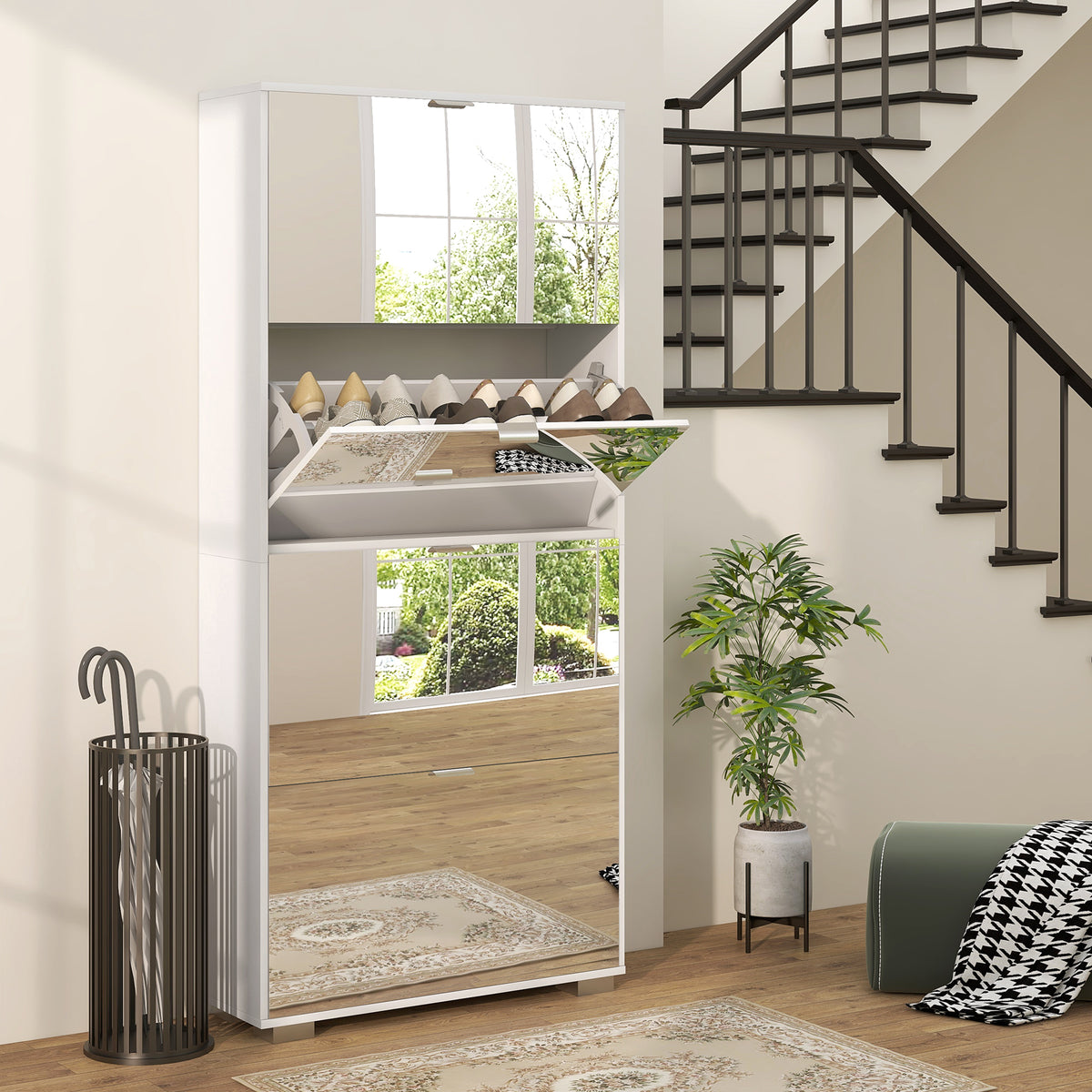 Meuble à chaussures 2 en 1 façades miroir 4 portes abattants, étagères réglables, jusqu'à 24 paires, 76l x 26P x 168H cm