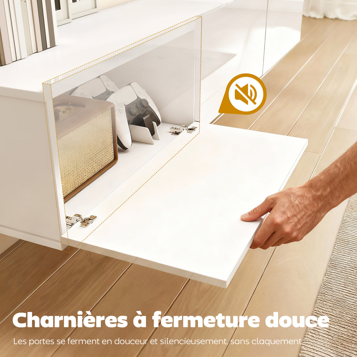 Meuble TV Suspendu 180 cm, Meuble télé pour téléviseur jusqu'à 82 Pouces 3 Portes Rabattables à Fermeture Douce, Blanc