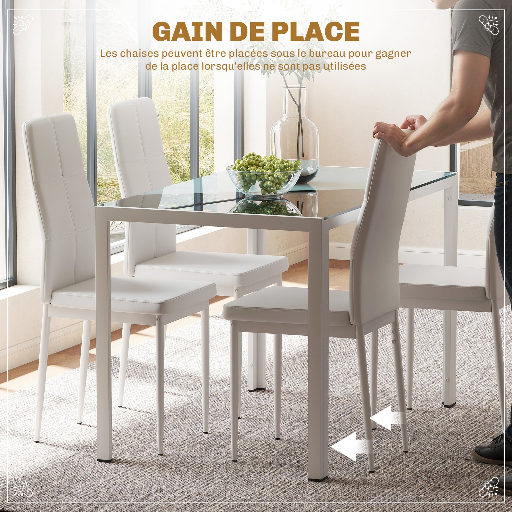 Ensemble table à manger et chaises pour 4 personnes, plateau rectangulaire en verre, pour cuisine salon maison, blanc