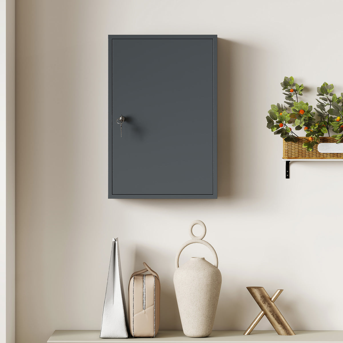 Armadietto portamedicinali a 2 ripiani, 3 livelli, chiudibile a chiave, dim. 40L x 18P x 60A cm, 2 chiavi, metallo, grigio fumé