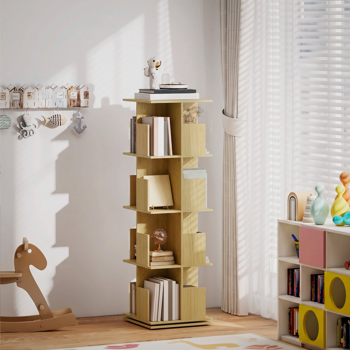 Bibliothèque Rotative à 4 Niveaux, Étagère Rangement avec 16 Compartiments, 39 x 39 x 128,3 cm, Chêne