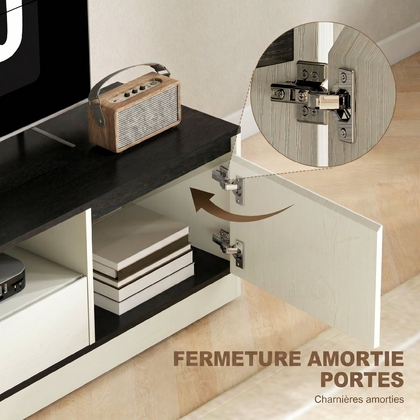 Meuble TV pour Télévision jusqu'à 60" avec 2 Armoires, 1 Étagère Ouverte, 1 Tiroir, Moderne, 140x35x40cm, Noir et Blanc