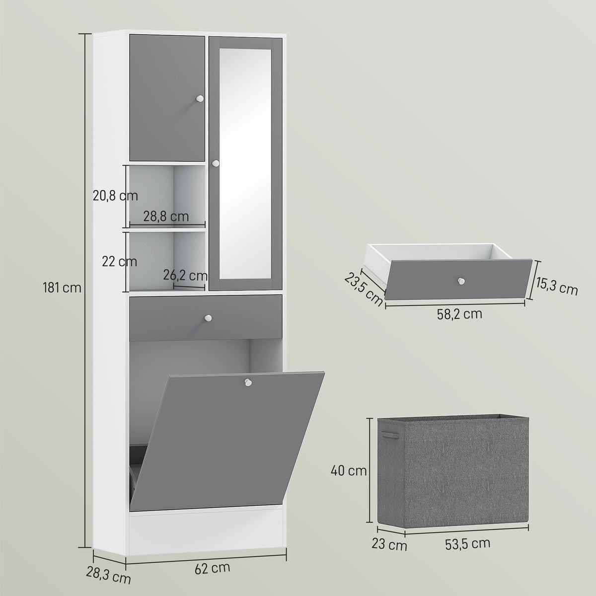 Meuble de salle de bain avec panier à linge et miroir étagère réglable 62 x 28,3 x 181 cm gris et blanc