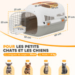Caisse de transport chat et chien, cage de transport avec porte acier, bol de nourriture, 49 x 32 x 31 cm, gris et crème